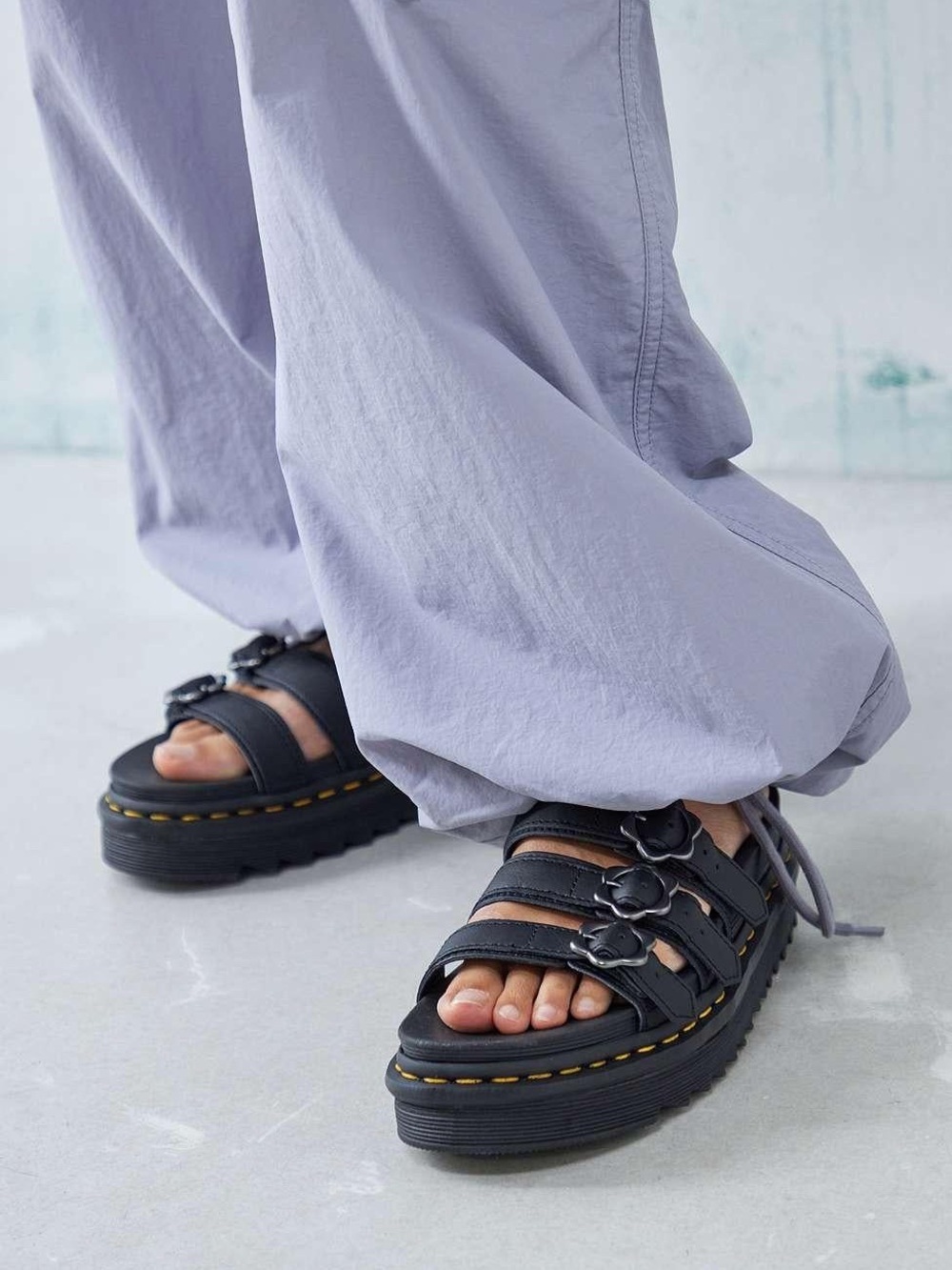 Dr. Martens Black Platform Flower Buckle Blaire Slides - Picture 2 of 6